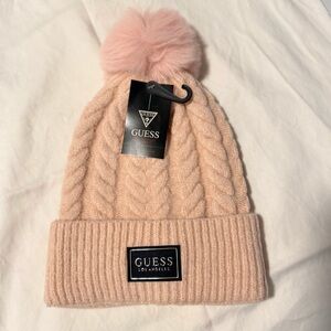 Guess Blush Cable Knit Beanie with Pom Pom
